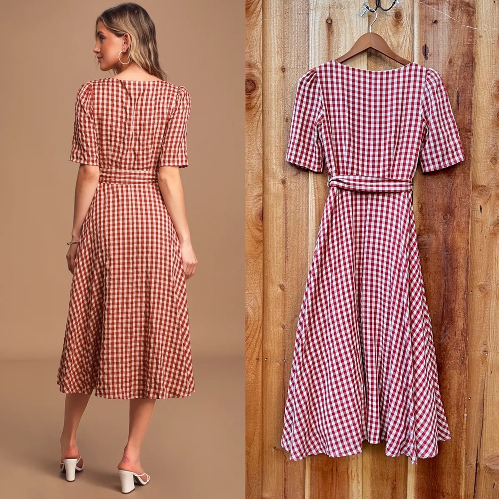 Red Gingham Plaid Button-Up Short-sleeve Midi Dress 🌿 - Picture 5 of 12
